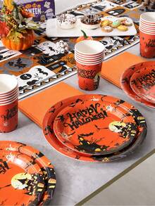 10/24pcs Disposable Paper Tableware Set, Includes 7/9 Inch Disposable Paper Plates, Cups And Napkins, Orange Halloween Theme, Haunted House, Ghost, Pumpkin, Bat And Tombstone Cartoon Patterns, Suitable For Halloween Party Celebration - Halloween Castle - View 4