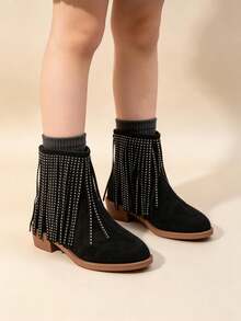 1 Pair Black Girls Faux Suede Fringe Ankle Boots, Rhinestone Studded Back Zipper Low Heel Western Boots, Kids Pointed Toe Boots For Party Daily - Black - View 2