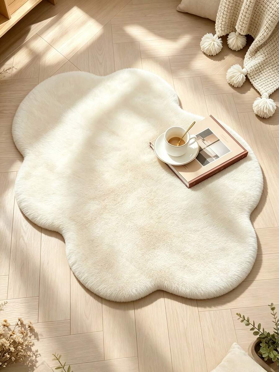 1pc Cream White Symmetrical Hexagonal Cloud-Shaped Faux Rabbit Fur Rug, Holiday Gift, Christmas Decoration, Modern Minimalist Ins Style, Fluffy And Soft Touch, Smooth And Soft, Warm And Comfortable, Winter Warm Plush Rug, Fuzzy Skin-Friendly Material, Non-Slip Bottom, Low Shedding, Easy To Clean And Maintain, Machine Washable, Creates Cozy Atmosphere, Suitable For Bedroom, Living Room, Hallway, Study, Vanity, Walk-In Closet, Bedside Rug, Sofa Rug, Coffee Table Rug, Tea Table Mat, Floor Mat, Holiday Decoration Rug, Home Decor Essential, All Season Use - Off-white - View 1
