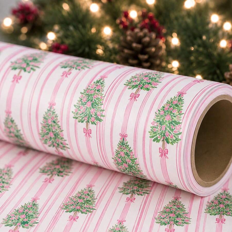 17in*9.8ft Pink Christmas Wrapping Paper Roll, Vintage Christmas Tree Gift Wrapping Paper With Bow Ribbon And Striped Pattern, Holiday Wrapping Paper For Christmas Gifts, Party Decor And DIY Crafts