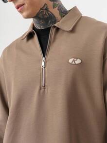 Men's Relaxed Fit Solid Color Half Zip Sweatshirt With Logo Detail - Camel - View 2