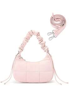Women's Hobo Shoulder Bag,Crescent Shape Grid Quilted Pattern,Nylon Fabric Ruched Handle Detachable Strap,Lightweight Cute Casual For Daily Dating - Pink - View 3