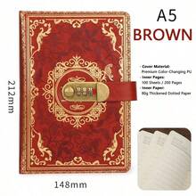 1pc Vintage Style Combination Lock Leather Notebook A5 Size Diary Lined Pages Floral Pattern - Multicolor - View 12