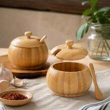 Natural Bamboo Sugar Bowl With Lid And Spoon 12x9.5cm, Round Salt And Spice Storage Container, Kitchen Organizer With Spoon Slot - Yellow - View 8