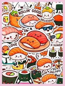 50Pcs Cartoon Sushi Decorative Stickers, Cute Japanese Food Waterproof Stickers For Laptop, Water Bottle, Journal, Scrapbook - Multicolor - View 1