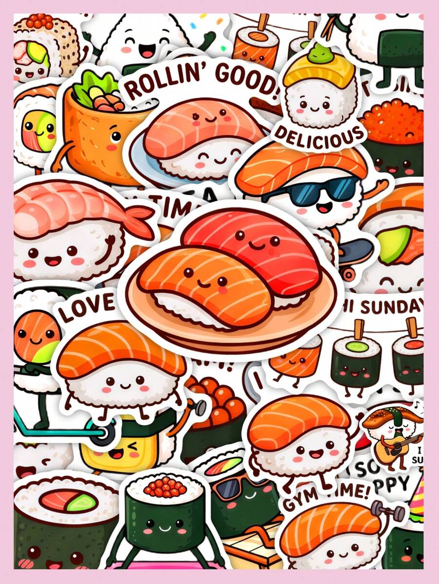 50Pcs Cartoon Sushi Decorative Stickers, Cute Japanese Food Waterproof Stickers For Laptop, Water Bottle, Journal, Scrapbook - Multicolor - View 1