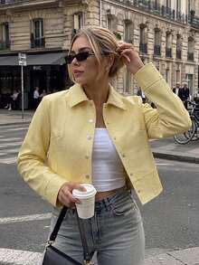 Women's Yellow Cropped Jacket Lapel Long Sleeve Button Down Textured Solid Color Casual Spring Autumn Vintage Loose Short - Yellow - View 8