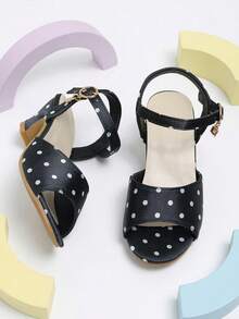 1 Pair Girls' Black Polka Dot Buckle Cute High Heel Sandals, Suitable For Party, Performance, Daily Wear, Shopping - Black - View 7