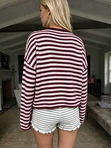 Women's Striped Casual Versatile Daily Outing Cardigan - Peach Pink + Early Red - View 8