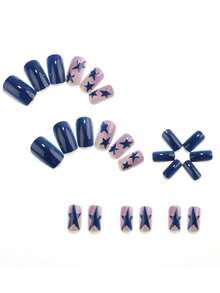 24 Pieces Of Acrylic Pressed Short Square Artificial Nails In Nude Color, With Star Design Covering The Entire Surface, Suitable For Girls' Nails On Independence Day. - Multicolor - View 3