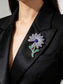 1pc Fashionable Full Rhinestone Daisy Flower Brooch, Personalized Accessory, Holiday Gift, Versatile For Daily Wear - Blue - View 2