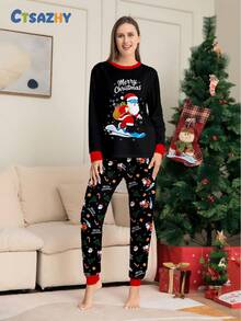 Christmas Ski Santa Print,Contrast Color Long Sleeve Top & Pants Pajama Set,Women Pjs Sleepwear,Black,Autumn,Cute,Sleep - Black - View 6