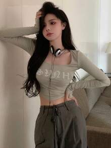 女款字母印花方領長袖休閒百搭T恤 - 淺灰色 - 查看 1
