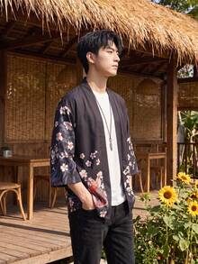 浮世绘樱花锦鲤印花七分袖和服开衫，男士宽松休闲防晒浴袍，日式外套 - 黑色 - 查看 4