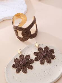 2pcs Maillard Earth Tone Raffia Jewelry Set, 1pc Woven Twisted Hollow Wide Bracelet, 1 Pair 3-Layer Gradient Semi-Circle Long Earrings, Suitable For Bohemian Island Vacation Style, Maillard Vintage Casual Style, Korean Cream Gentle Style, French Minimalist Commuter Style, Forest Wabi-Sabi Artistic Style, Versatile For All Seasons - Coffee Brown - View 6