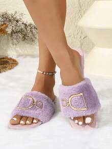 Women's Fashionable Luxury Metal Buckle Plush Flat Square Toe Slide Slippers, Versatile Outdoor Wear, Women's House Slippers - Lilac Purple - View 5