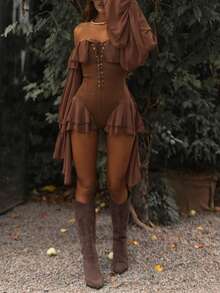 Fitted Cold Shoulder Party Dress For Women Sexy Long Sleeve Short Knitted Material With Corset Style, Perfect For Fall - Brown - View 3