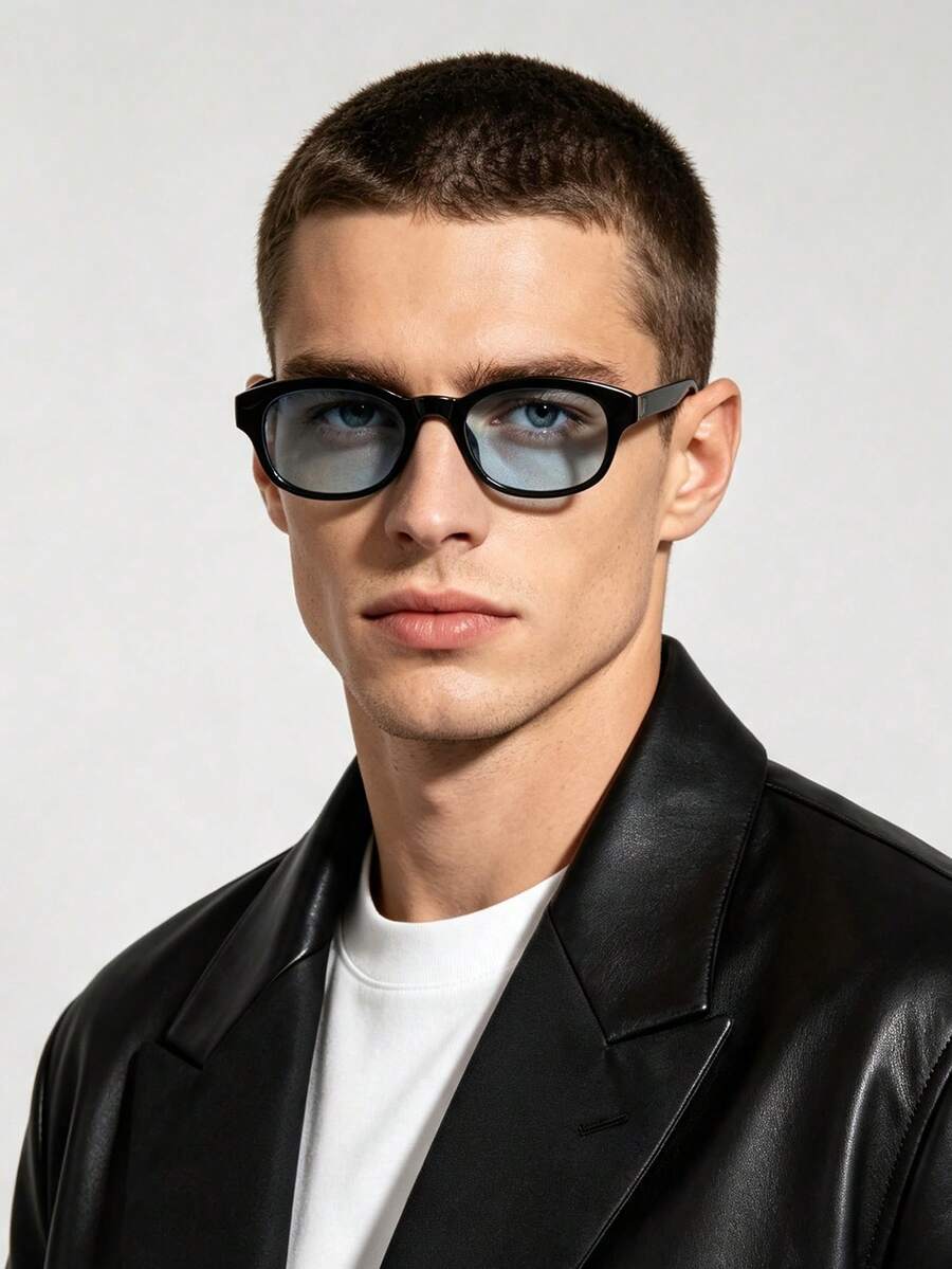 1 PC Men's Casual Small Oval Fashion Glasses Classic Black PC Frame Soft Tinted Lens Lightweight For Driving Outdoor Travel With Glasses Box - Multicolor - View 1