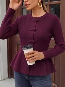 Women's Autumn Set: Vintage Burgundy Chinese Button Knit Cardigan, Round Neck Long Sleeve, Suitable For National Day And New Year - Burgundy - View 3