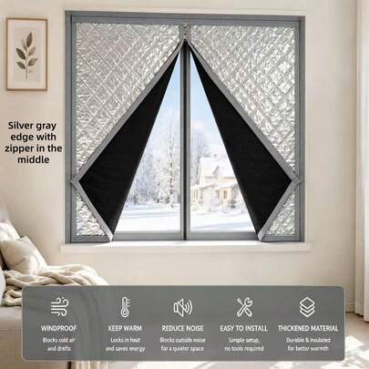 Zippered Thickened Aluminum Foil Insulated Window Curtain, Winter Window Windproof Cold-Proof Noise-Reducing, Openable For Free Entry And Exit, Customizable