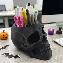 1pc Skull-Shaped‑Shaped Pen Holder, 3D Printed Decorative Skull Pencil Cup, Halloween Decor, Multi‑Purpose Desktop Storage Container, Makeup Organizer, Cosmetic Brush Holder, Vanity Desk Office Organizer, Table Decor, Day Of The Dead Decor. - View 3