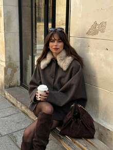 Vintage Street Style Wool Coat, Oversized Loose Short Winter Women's Jacket - Mocha Brown - View 4