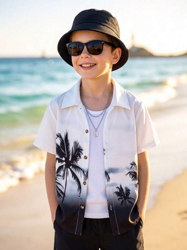 Vihyde Tween Boys Happy Vacation Style Coconut Tree Print Short Sleeve Shirt & Shorts & Bucket Hat 3 Pieces Set (T-Shirt Not Included)