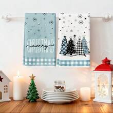 4 PCS Serbet Dapur Natal, Motif Kotak Biru Muda Salju & Pohon Natal, Serbet Tangan Teh Dekorasi Rumah Liburan Natal Meriah untuk Dapur - Baby Blue - View 8