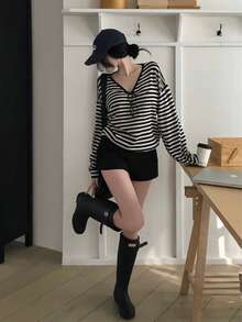 Sweater Rajut Lengan Panjang Bergaris Longgar Leher V Warna Blok untuk Wanita Musim Gugur/Dingin - Hitam dan putih - View 3