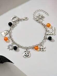 Halloween Element Personalized Metal Hand Jewelry Ghost Bat Spider Web Pumpkin Multi-Pendant Chain Bracelet - Silver - View 1