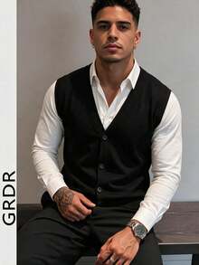 GRDR Men's V-Neck Cardigan Vest Button-Up Sweater Jacket, Fine Knit Fabric, Casual Outerwear Layering Piece, Knit Cardigan Top - Black - View 8