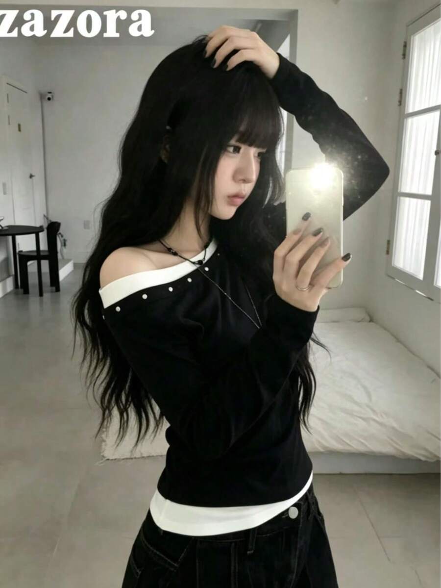 Design Contrast Color 2 In 1 Asymmetrical Shoulder Long Sleeve T-Shirt, Sweet Cool Hot Girl Style Versatile Slim Fit Top - Black - View 1