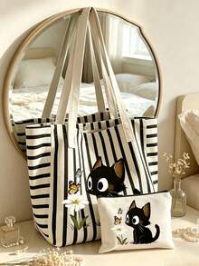 Set Tas Tote Kanvas Bergaris Motif Kucing Hitam Lucu dan Kupu-kupu Daisy dengan Dompet Kecil, Tas Bahu Kapasitas Besar untuk Wanita, Cocok untuk Perjalanan Sehari-hari dan Sekolah. - MultiWarna - View 10