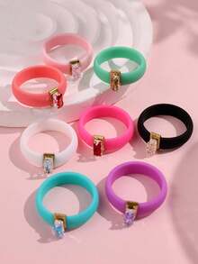 7-1pc/Set Fashionable Luxurious Personalized Minimalist High-End Elegant Unique Exquisite Square Colorful Zirconia Silicone Rings For Women Daily Wear Holiday Party Jewelry - Multicolor - View 6
