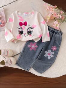 Baby Girl Spring/Autumn Sweet & Cute 2-Piece Set, Bowknot Cat & Heart Print Long Sleeve T-Shirt + Floral Embroidered Light Color Denim Elastic Waist Long Pants - Apricot - View 3