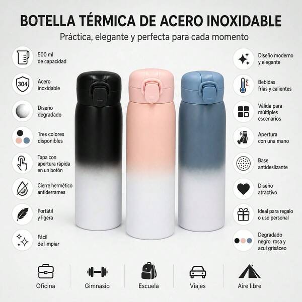 500ml Stainless Steel Vacuum Flask With Gradient Design And One-Button Quick Open Lid, Leak-Proof Insulated Bottle For Hot And Cold Drinks