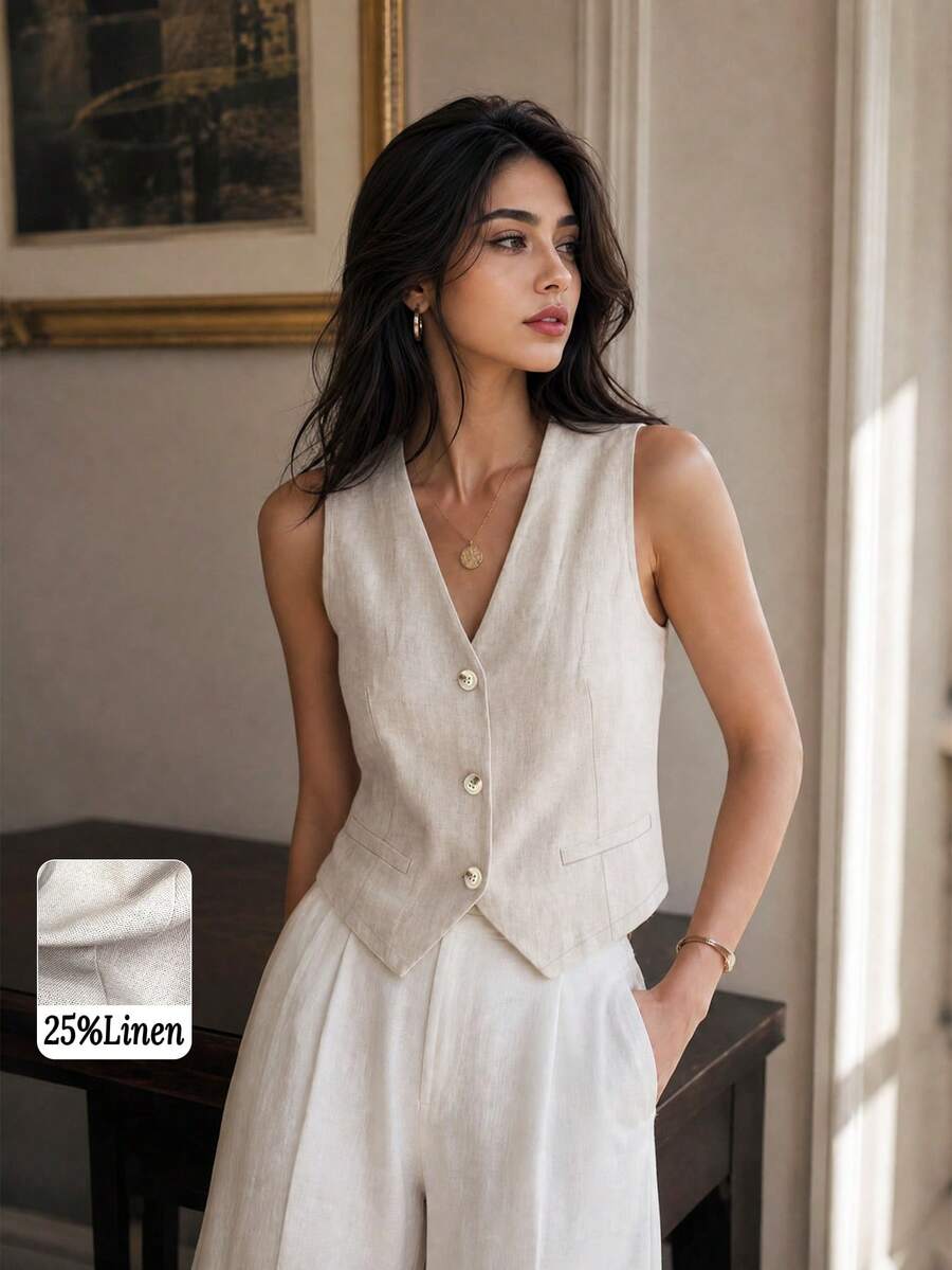 Women's Casual Summer Linen Short Suit Vest Spring Fall - Beige - View 1