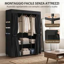Space-Saving Fabric Wardrobe With 3 Hanging Rods, 3 Shelves, 6 Side Pockets, Dustproof Zippered Doors, Black. - Black - View 3