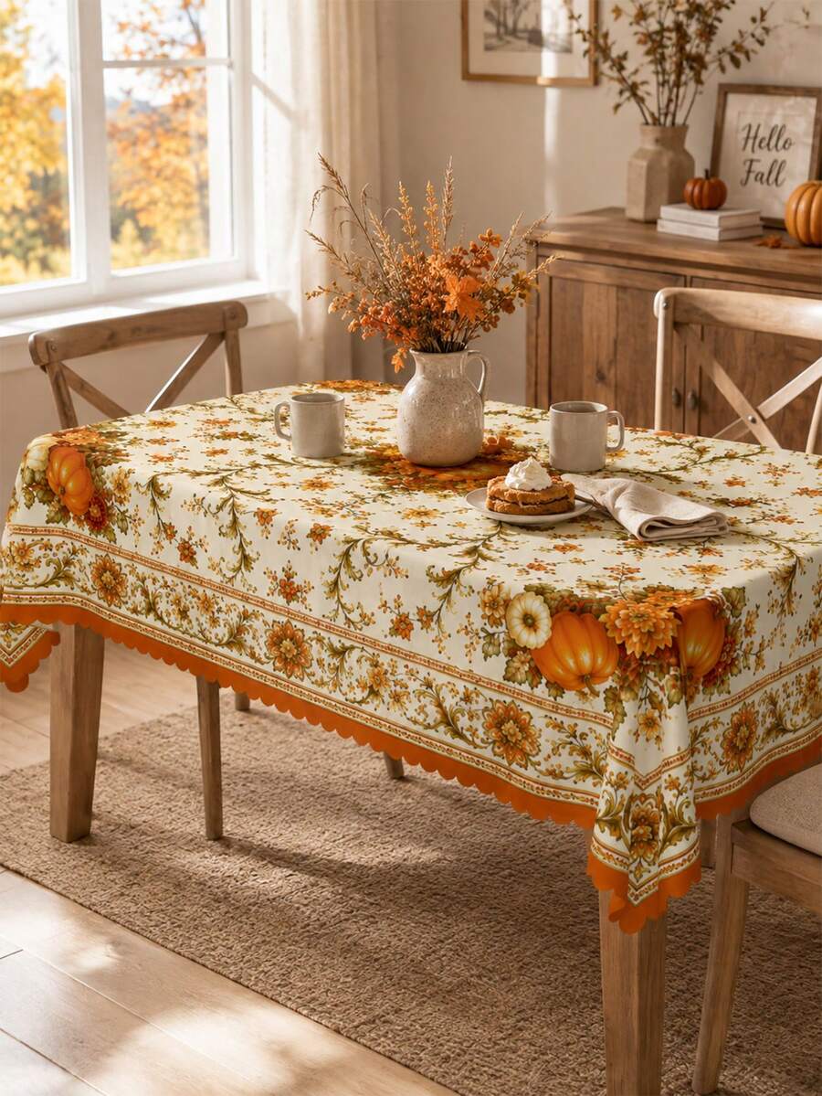 1 Piece Vintage Farmhouse Autumn Tablecloth, Rustic Orange And Gold Pumpkin Flower Print Tablecloth, Easy-To-Clean Polyester Rectangular Tablecloth, Perfect For Kitchen Decor And Adding A Touch Of Elegance To Family Dinner Parties. - Multicolor - View 1