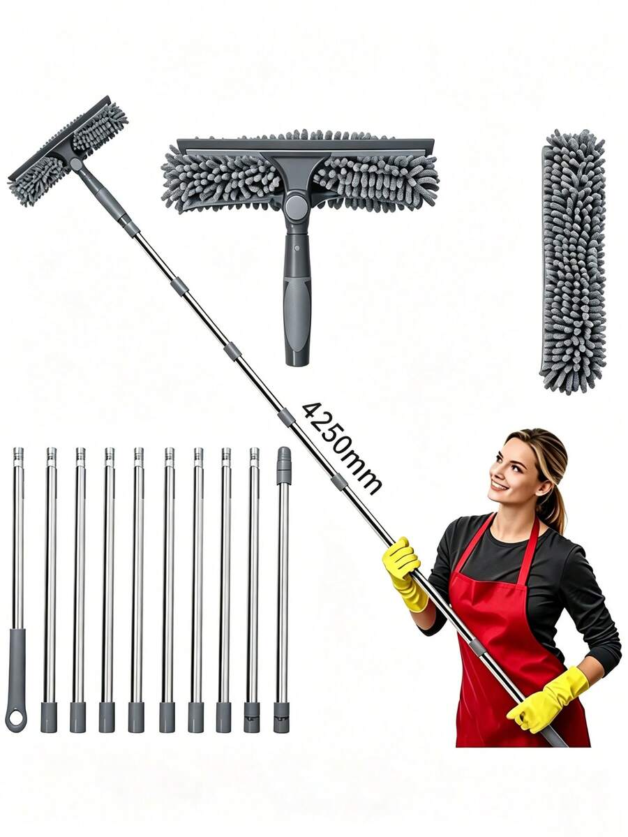 Professional 175 Inch (Approx. 445 Cm) Squeegee Window Cleaning Brush 2-In-1 Rotating Window Cleaning Tool Kit, Glass Cleaning Magic Tool High-Rise Glass Wiper Cleaning Tool With 10-Section Extension Pole, Adjustable Length, Suitable For Indoor/Outdoor Windows And Car Glass