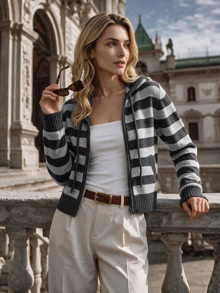 NiceArt Women's Autumn/Winter Striped Vintage Wool Blend Knitted Hooded Cardigan, Zipper Long Sleeve, Autumn Outfit, Office Commute, Social - Grey - View 1