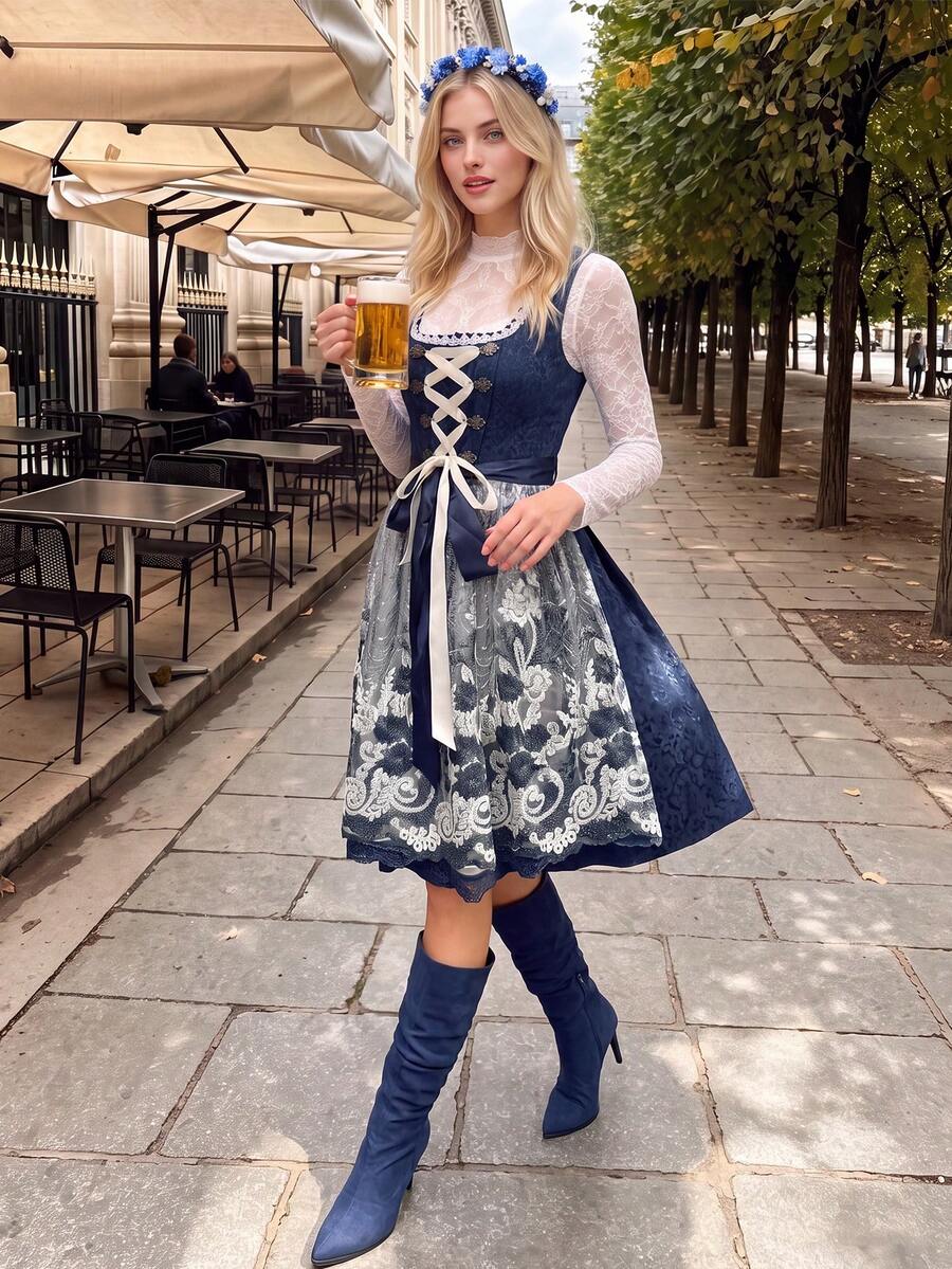 Autumn Munich Beer Festival Women's Deep Blue Traditional Lace Patchwork Mid-Length Dress For Halloween Party - Blue - View 1