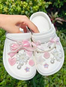 12pcs Pink Pearl Bow & Flower DIY Shoe Decor, Suitable For Perforated Sandals, Elegant & Fashionable, Gift For Girlfriend - Pink - View 5