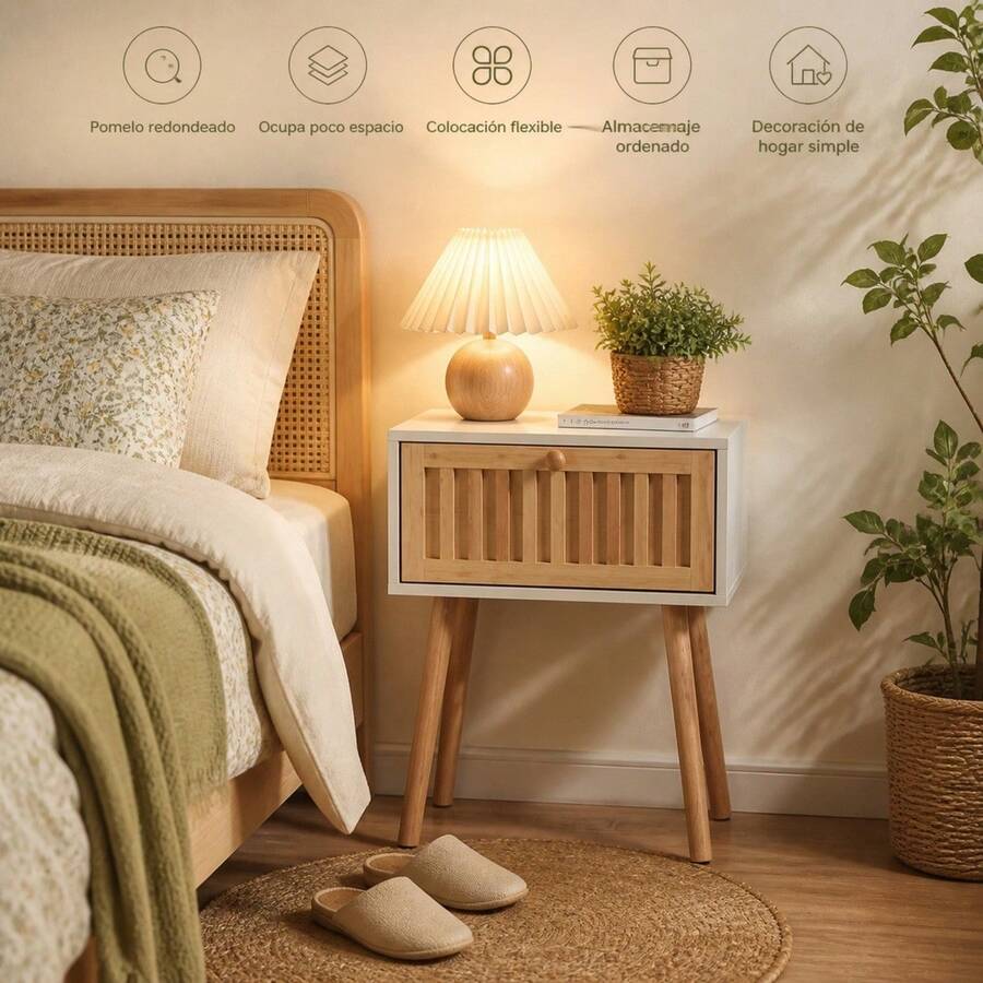 Wooden Nightstand With Slatted Drawer And Solid Wood Legs, Modern Side Table 40 X 30 X 47 Cm For Bedroom And Living Room With Matte Finish - B - View 1