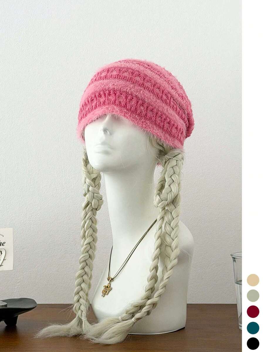 1pc New Arrival Fall Winter Hollow-Out Pattern Dopamine Slouchy Hat Skin-Friendly Faux Mink Fur Warm Beanie Cold Hat - Faux Mink Fur With Pleated Back Label - View 1