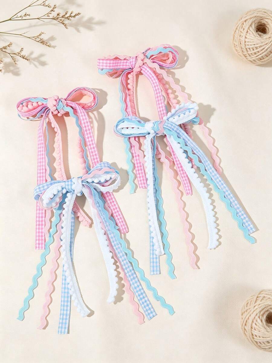 4Pcs Plaid Bow Tassel Hair Clips For Girls Flower Girl Wavy Ribbon Alligator Clips Sweet Daily Party Girls Hair Accessories Hair Accessories For Kids - Multicolor - View 1