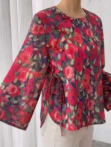 Spring/Autumn Women's Top Jacket, Chinese Style Rose Floral Print Round Neck Frog Button Long Sleeve Cheongsam Short Loose Fit Blouse With Bell Sleeves, Casual Fashion Elegant Hanfu - Hot Pink - View 2