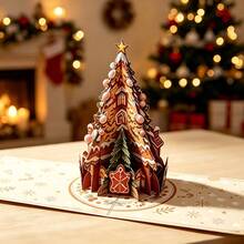 Opjoys 1pc 3D Gingerbread Christmas Tree House 3D Pop-Up Greeting Card, Cute Illustration Style Paper Carving Card, Classic Christmas Holiday Element 3D Folding Greeting Card, Festive Atmosphere Gift Card - View 4