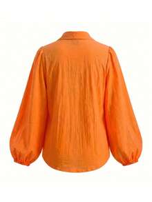 Plus Size Women's Bright Orange Blouse, Loose Fit Puff Lantern Sleeve Double Pocket Lapel Semi-Sheer Sun Protection Commuter Versatile Top - Orange - View 10
