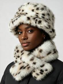 2pcs Unisex Faux Lynx Scarf & Hat Set, Leopard Print Plush Bucket Hat, Face-Slimming Thickened Warm Ear-Protective Hat - Multicolor - View 5